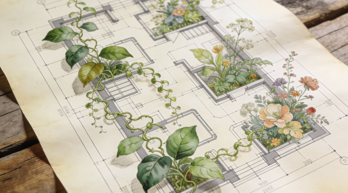 A sophisticated architectural plan on cream paper with technical red pen and digital neural network overlays, symbolizing the intersection of structural design and AI intelligence.